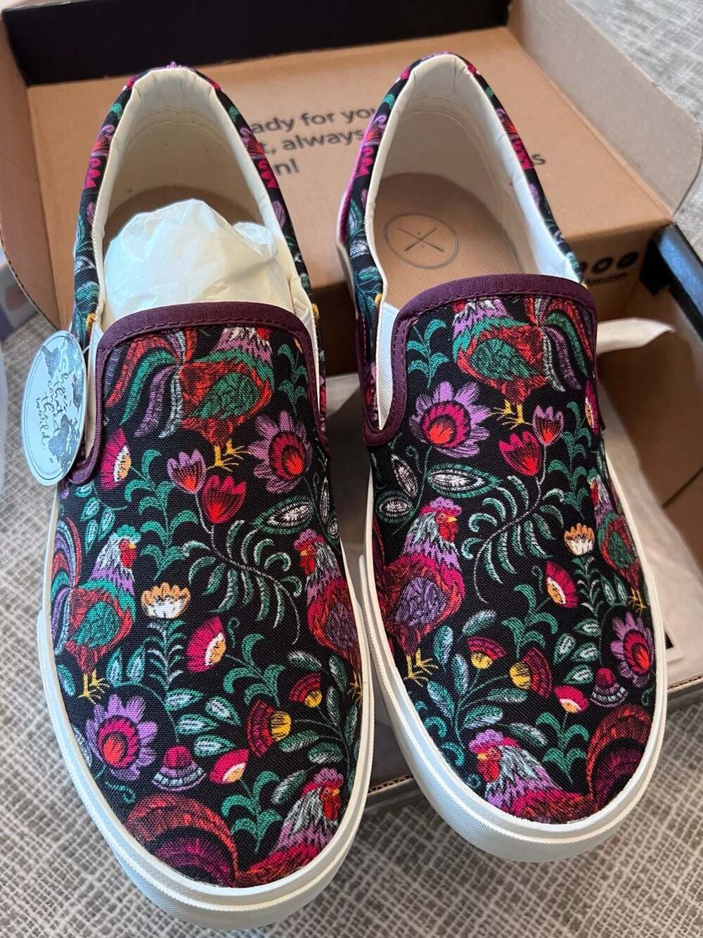 Inkkas Slip-On Shoes Size 8 Floral Rooster Textile Canvas